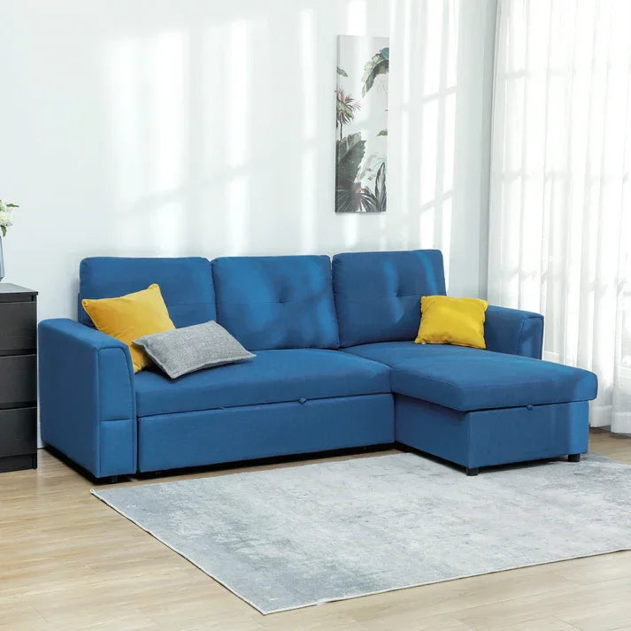 Blue sectional sofa with yellow and gray pillows in modern living room