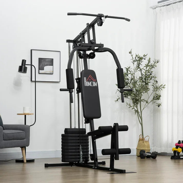 Black Homcom home gym with weight stack, pull-up bar, and workout bench in modern living room