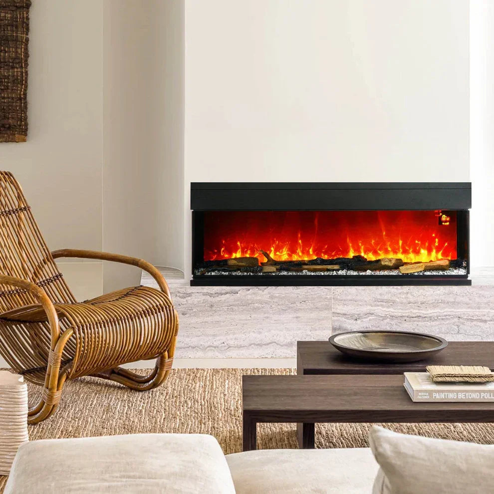 Modern electric fireplace with realistic flames in cozy living room, perfect for home ambiance and warmth