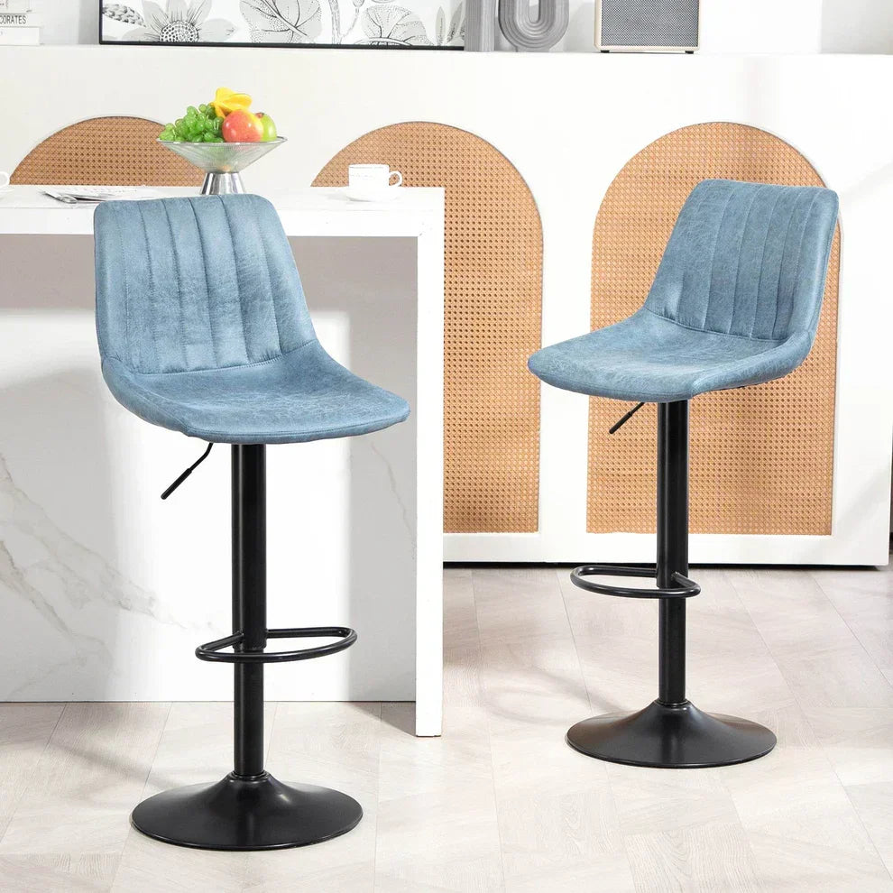 Blue velvet bar stools with black metal bases, modern kitchen counter seating