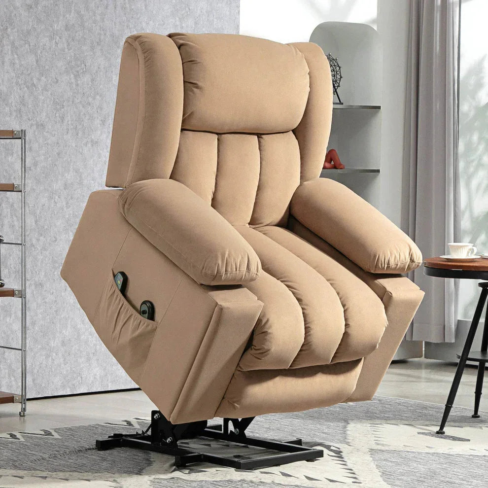 Beige power lift recliner chair with remote controls, ideal for home comfort and relaxation