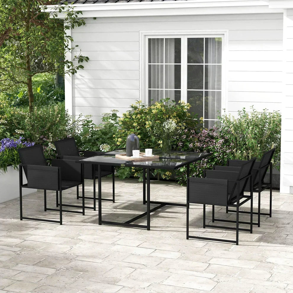 Black outdoor dining set with glass table and 6 chairs on patio, perfect for garden or backyard use.