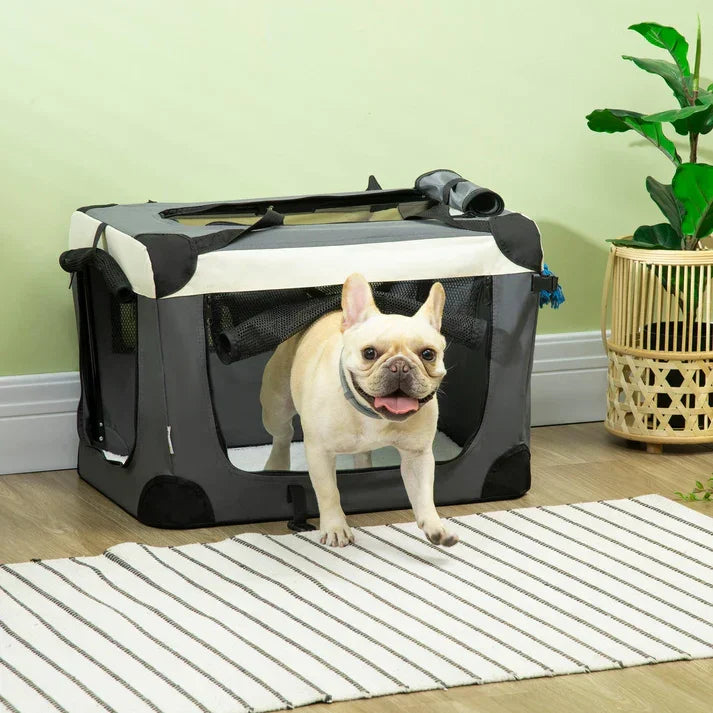 French bulldog in portable pet crate, ideal for home use with mesh ventilation and carry handles