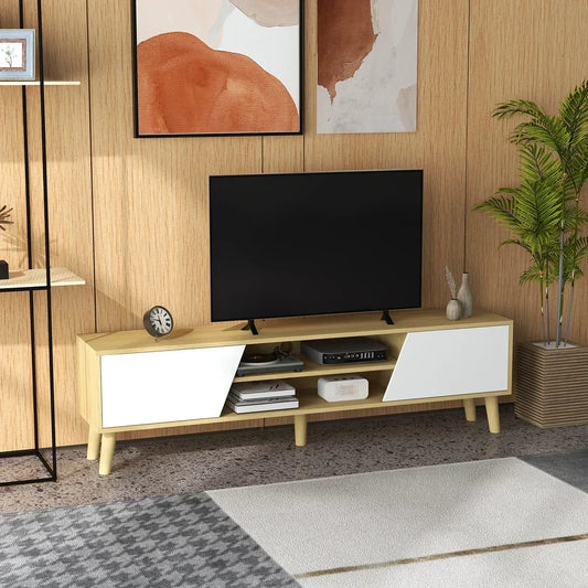 Modern wooden TV stand with storage shelves in a stylish living room interior