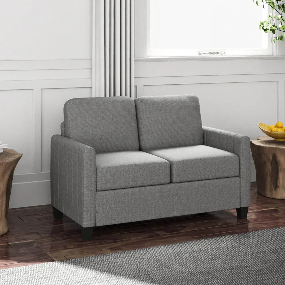 Gray fabric loveseat for living room, modern home furniture with wooden floor and side tables