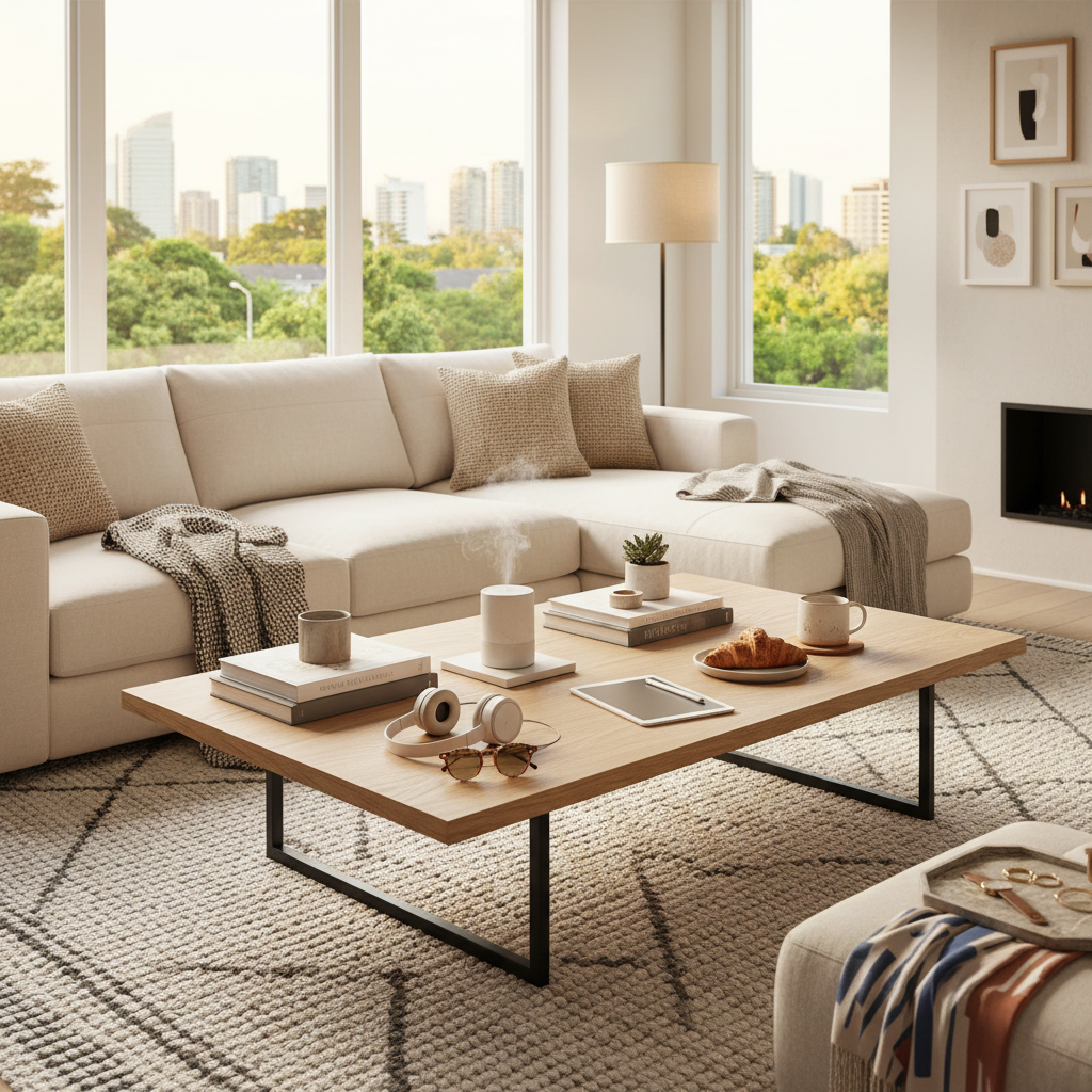 Cozy living room scene with various retail products displayed on a coffee table.
