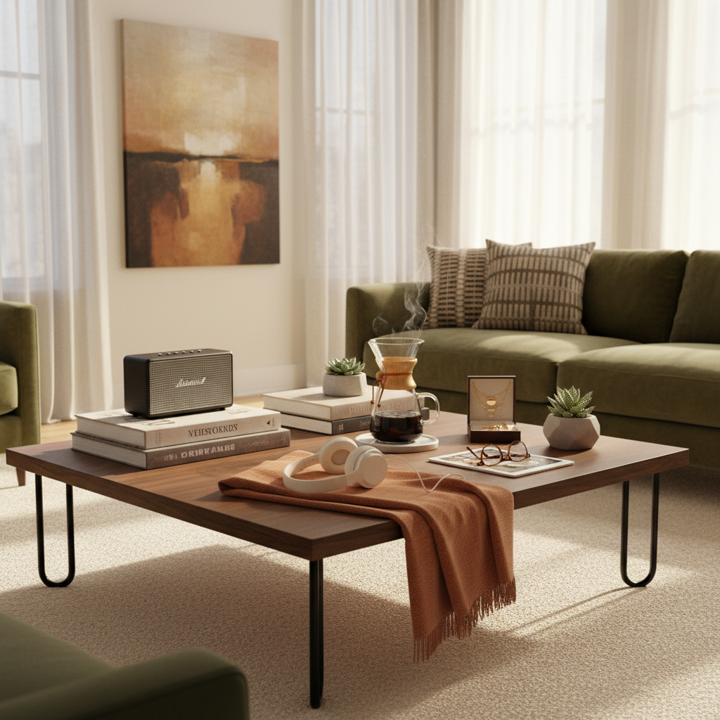 Cozy living room with a coffee table showcasing various retail products, bathed in soft light.