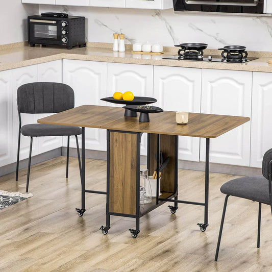 Modern foldable wood dining table with storage and black chairs in a bright home kitchen