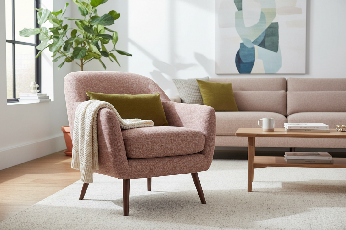 Pink armchair with green pillow and knit throw in modern living room with sofa and coffee table
