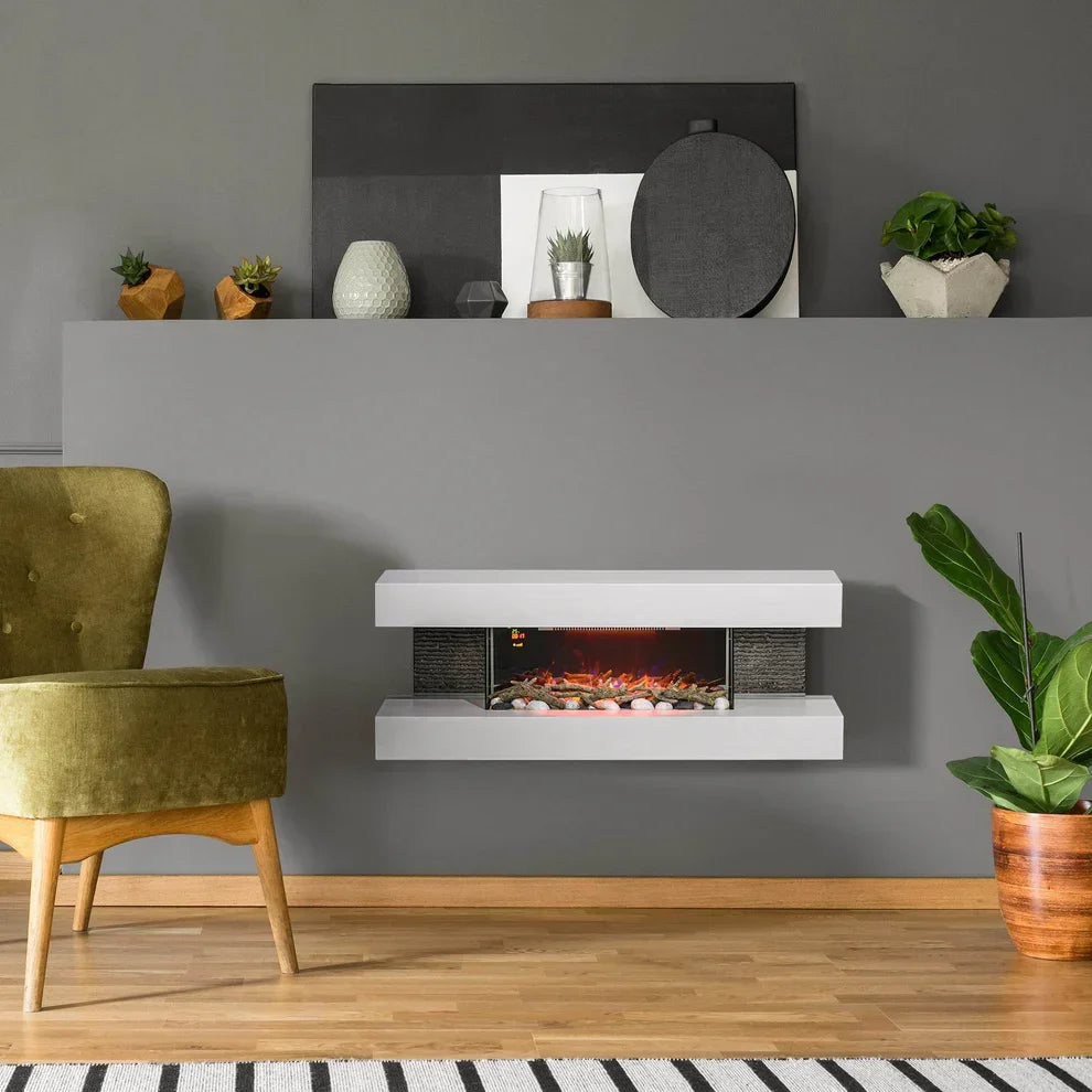 Modern white wall-mounted electric fireplace with glowing logs in cozy living room