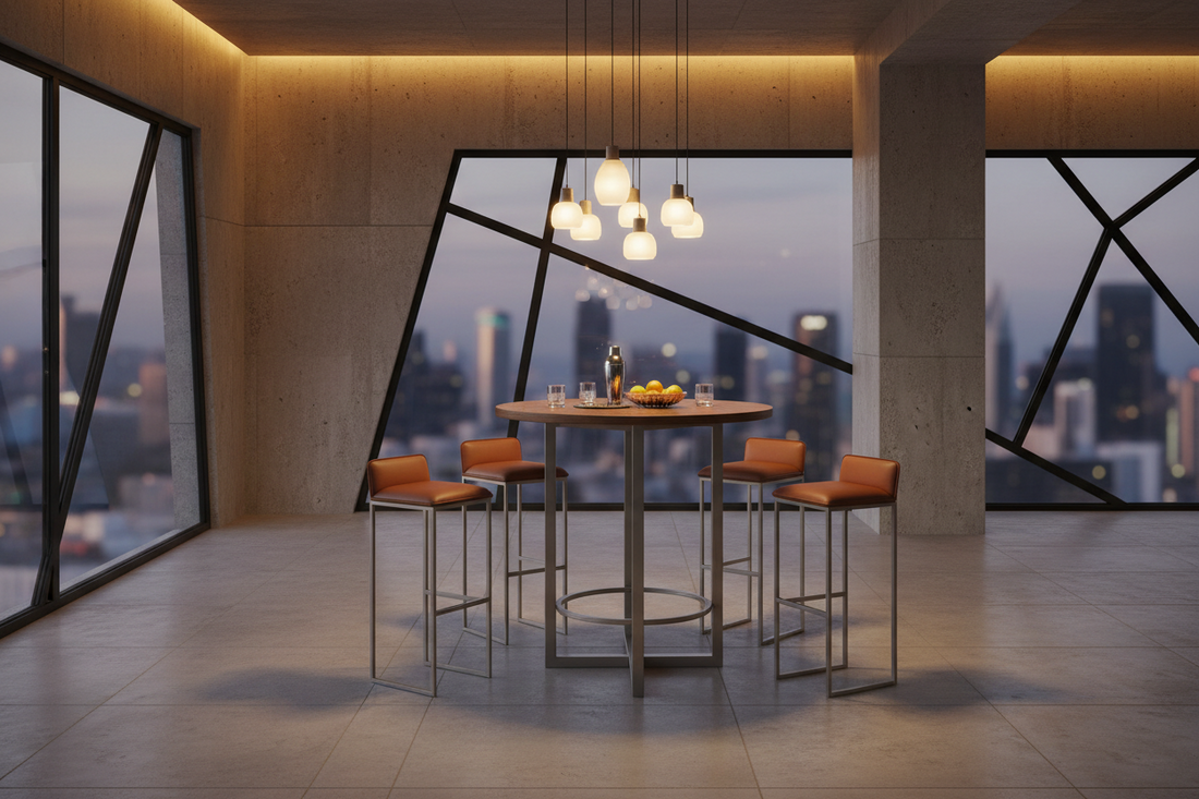 Modern round dining table with four orange bar stools, pendant lights, city view through large windows