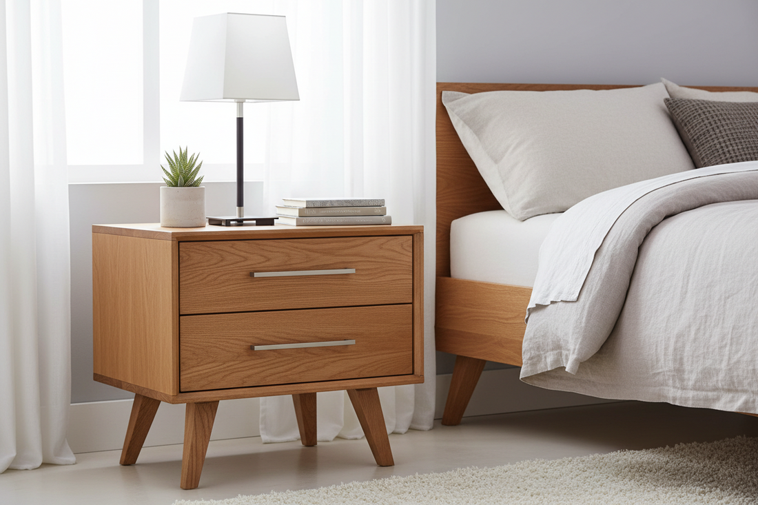 Modern wooden bedside table with two drawers, lamp, books, and a plant in a bright bedroom