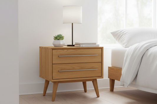 Modern wooden bedside table with two drawers, lamp, and plant beside a bed in a bright room