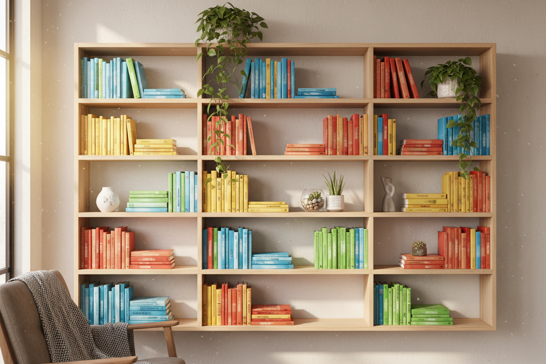 Modern wooden bookcase with colorful books, indoor plants, and decorative vases in a cozy living room setting.