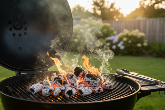 Charcoal barbecue grill with burning coals and flames in a backyard garden setting