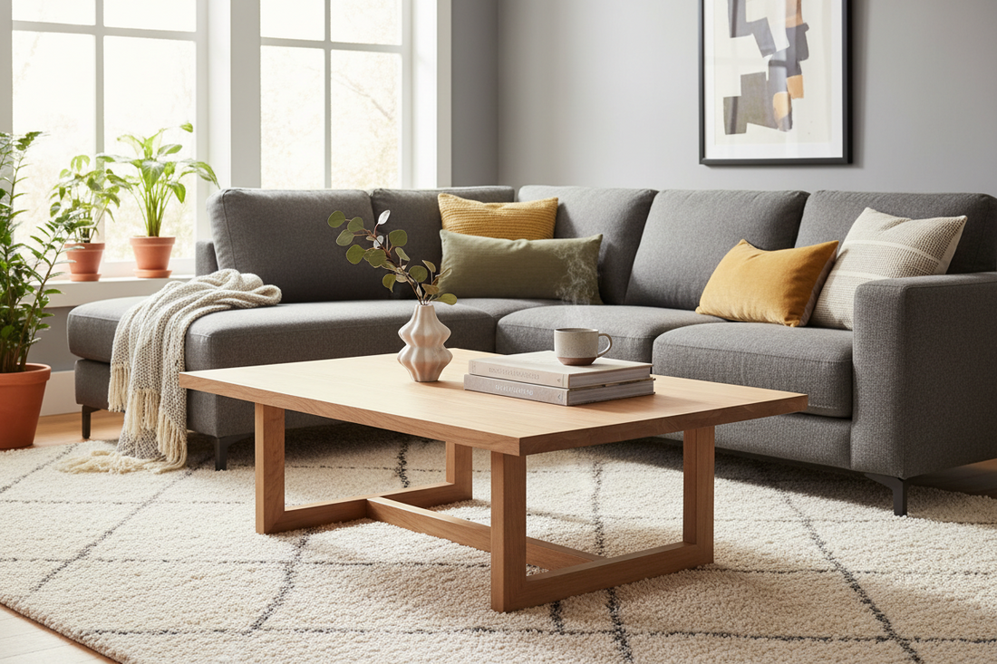 Modern wooden coffee table in a cozy living room with a gray sofa, plants, and neutral decor.