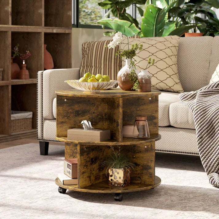 Rustic wooden rolling side table with storage shelves, perfect for living room or home decor