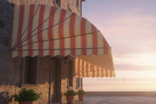 Striped outdoor awning on stone house at sunset with potted plants and birds in the sky