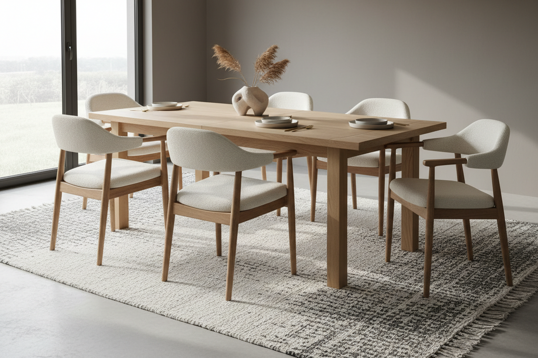 Modern oak dining table with six upholstered chairs in a minimalist dining room