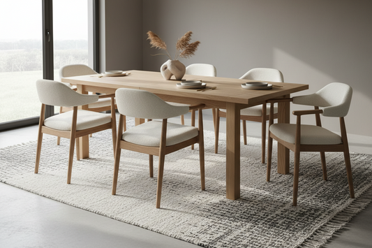 Modern oak dining table with six upholstered chairs in a minimalist dining room