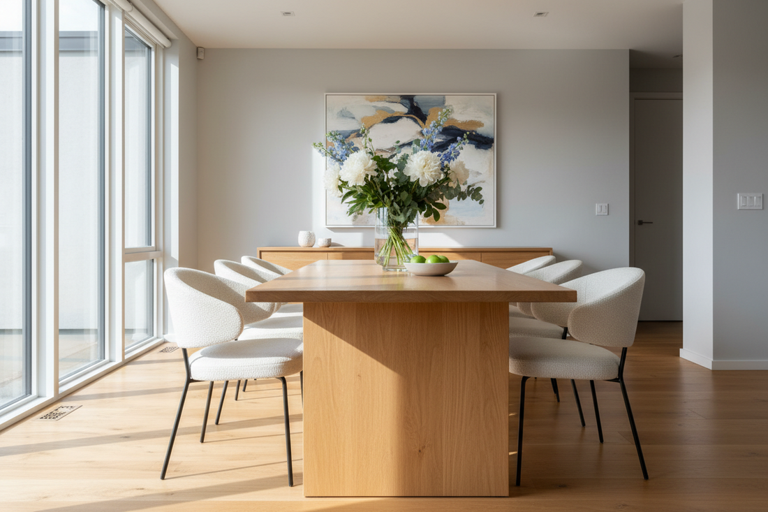 Modern wooden dining table with white chairs in a bright, minimalist dining room