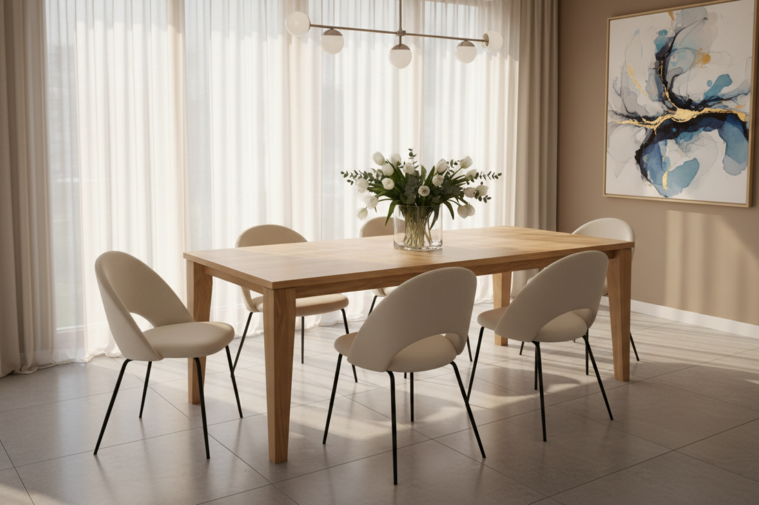 Modern wooden dining table with six beige chairs, floral centerpiece, and abstract wall art