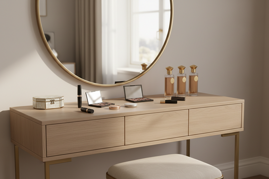 Modern wooden dressing table with round mirror, cosmetics and perfume bottles in natural light