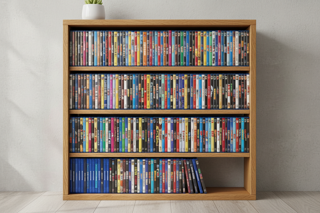 Wooden DVD rack filled with DVDs and Blu-rays in a modern home setting