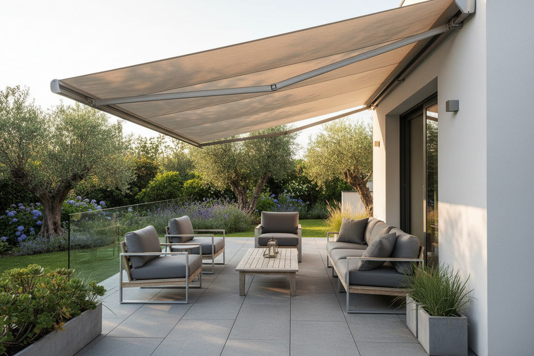 Modern outdoor patio set with gray cushions, wooden table, and retractable awning for garden relaxation