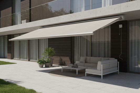 Electric retractable awning over modern patio with outdoor sofa and potted plants