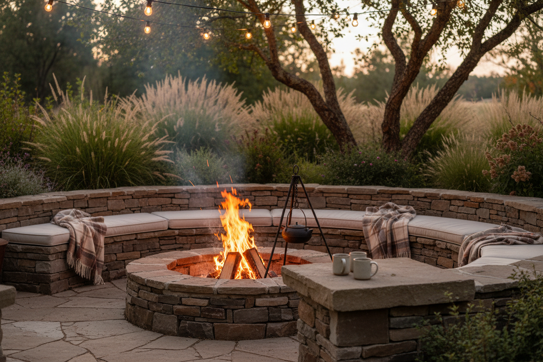 Cozy outdoor fire pit with stone seating, string lights, and blankets for garden relaxation