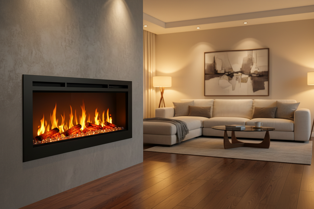 Modern electric fireplace with realistic flames in a cozy living room setting