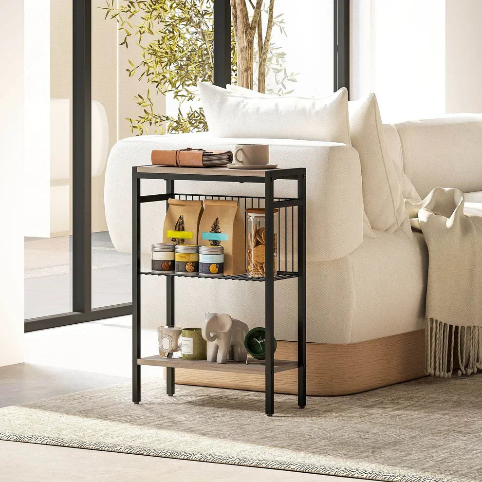 Modern black metal 3-tier side table with wood top, styled beside sofa for home living room storage