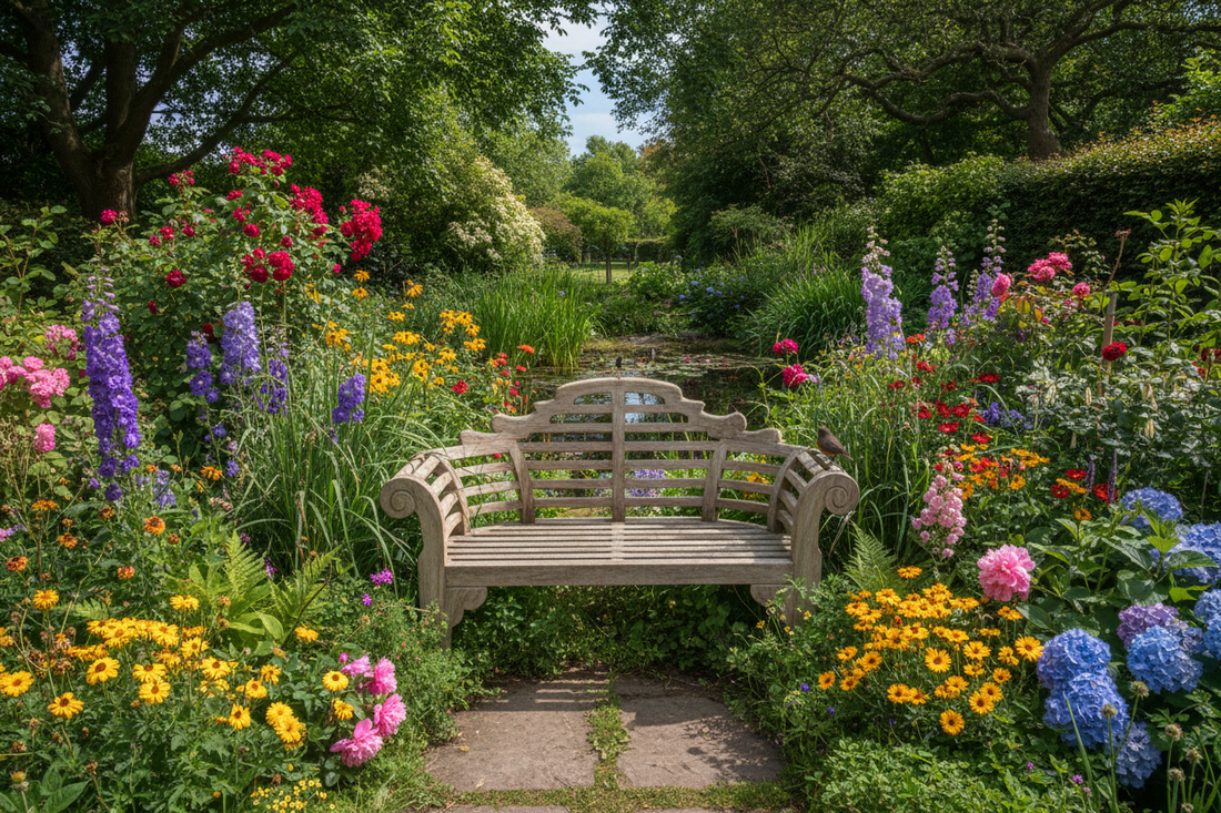 Wooden garden bench surrounded by colorful blooming flowers and lush green plants