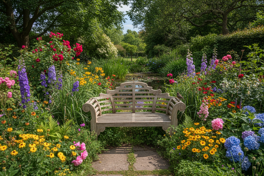 Wooden garden bench surrounded by colorful blooming flowers and lush green plants