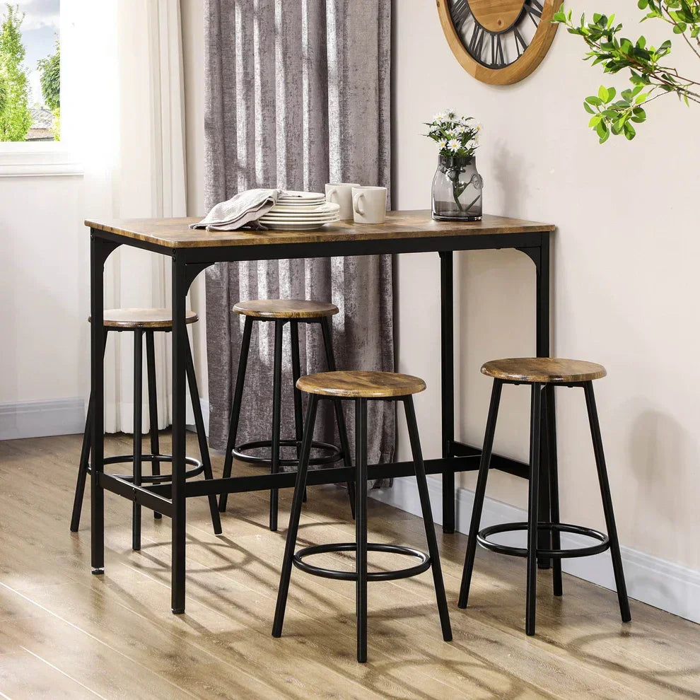 Rustic wood-top bar table with 4 black metal stools, perfect for home dining or kitchen counter seating.