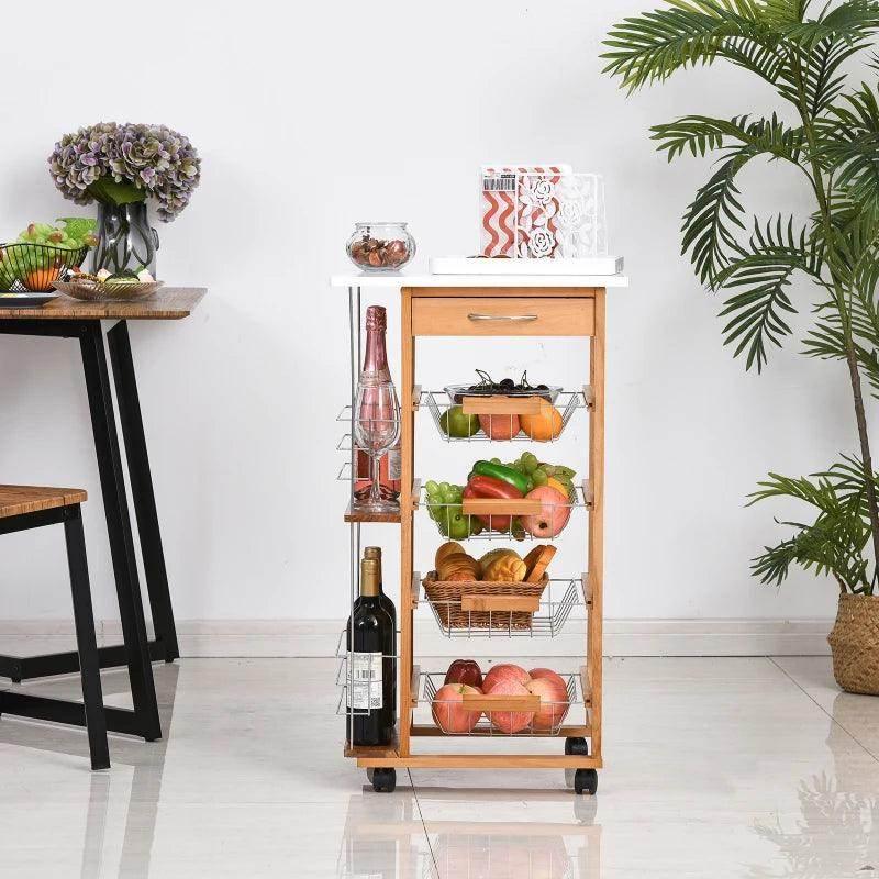 Wooden kitchen cart with wire baskets, wine bottle holder, and drawer, perfect for home organization and storage.