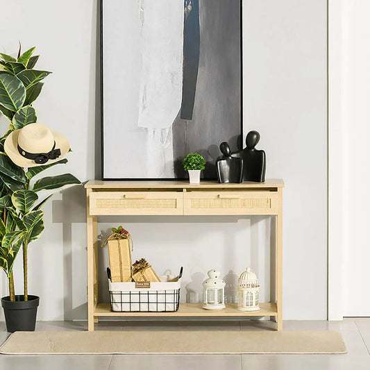 Modern console table with storage shelf and drawers, decorated in a bright home entryway