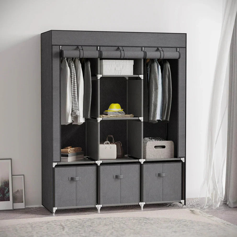 HOMCOM dark grey portable wardrobe with shelving, hanging space, storage boxes, in modern room.