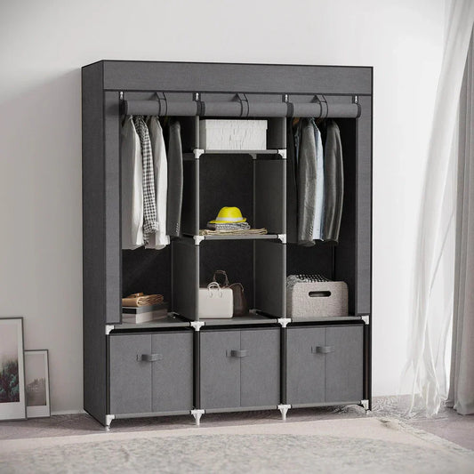 HOMCOM dark grey portable wardrobe with shelving, hanging space, storage boxes, in modern room.