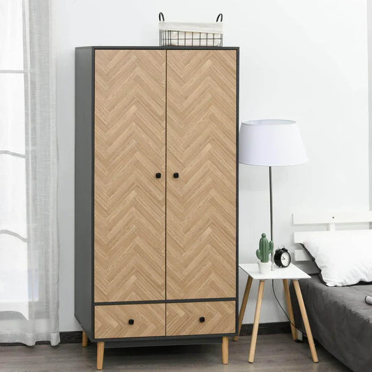Wood grain wardrobe cabinet with two drawers in a modern bedroom setting