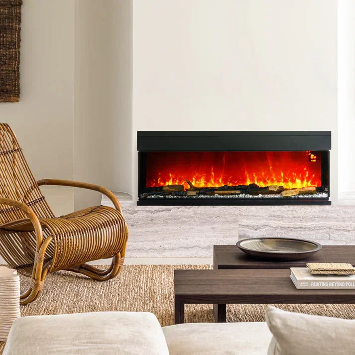 Modern electric fireplace with realistic flames in cozy living room, perfect for home ambiance and warmth