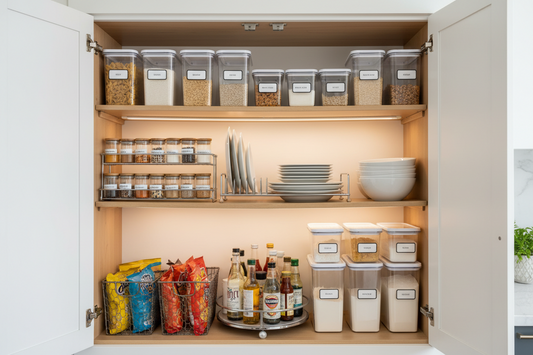 Organized kitchen cupboard with labeled storage containers, spices, snacks, bottles, and dishes
