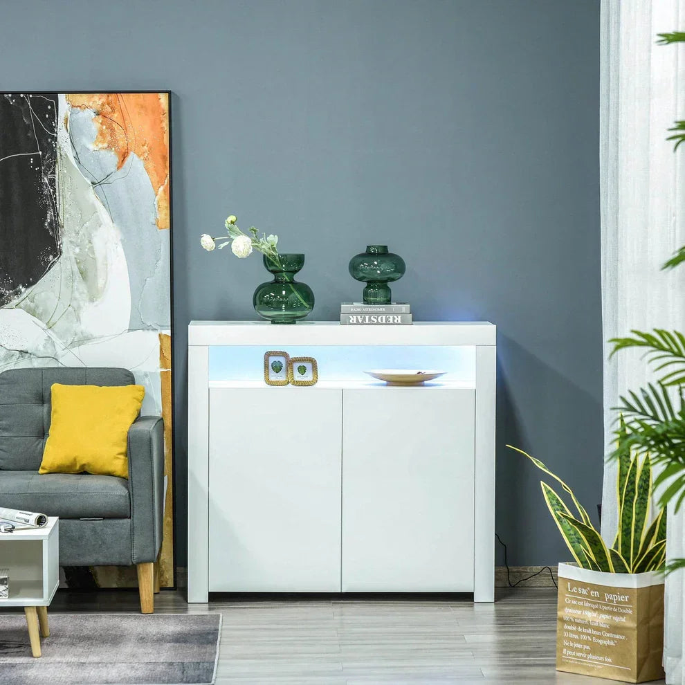 Modern white sideboard with LED lighting, perfect for living room storage and decor