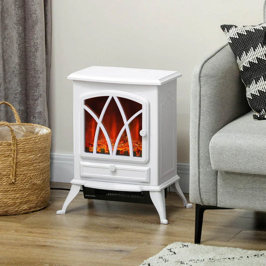 White electric fireplace heater beside grey sofa in modern living room, ALL4U home decor
