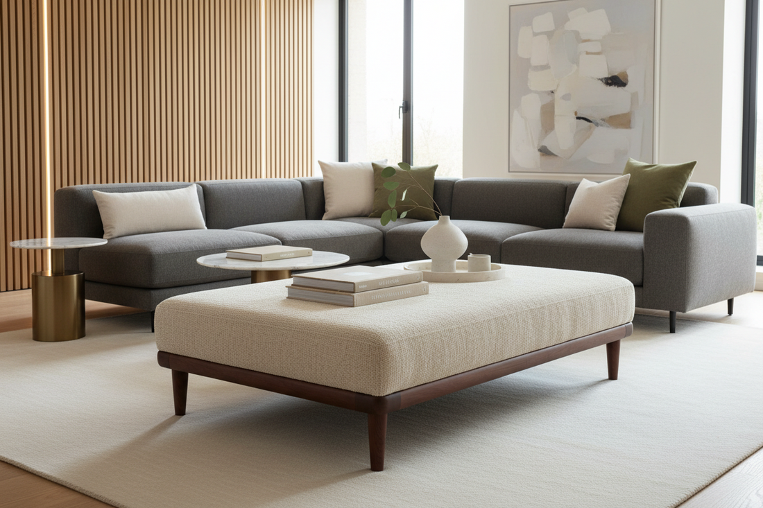 Modern gray sectional sofa with beige ottoman, styled with books and decor in a bright living room