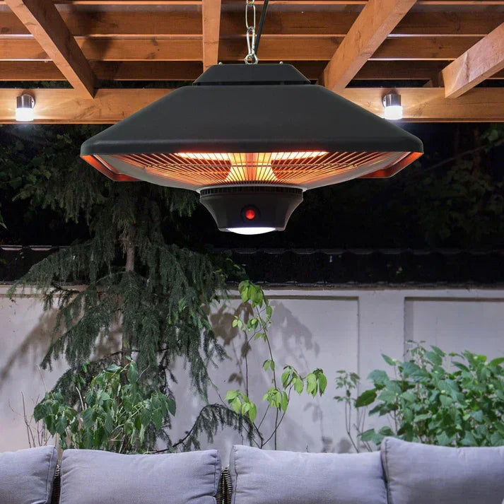 Hanging outdoor patio heater with glowing elements under wooden pergola, perfect for garden seating areas