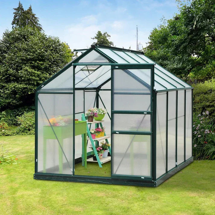 Green metal frame greenhouse with clear panels, set in a lush garden, ideal for home gardening and plant care.