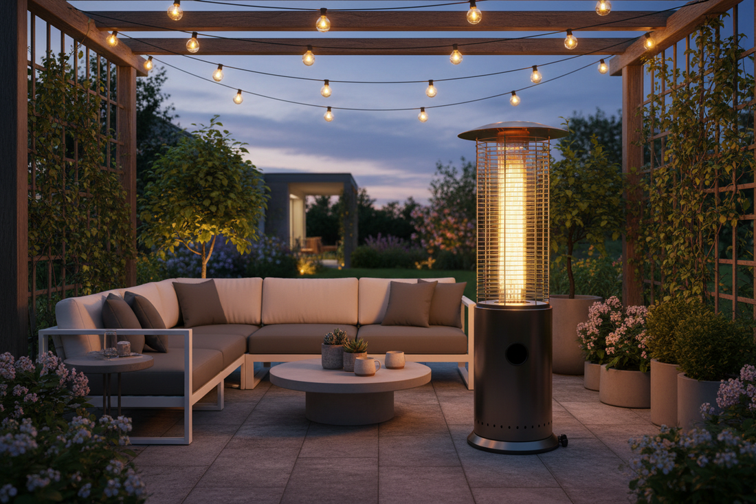 Modern patio with outdoor heater, sectional sofa, string lights, and garden decor at dusk