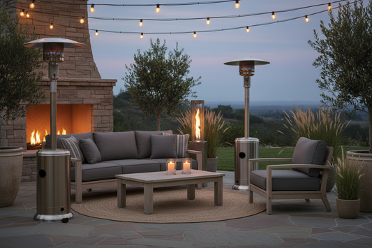 Modern patio heaters with outdoor seating, string lights, and firepit on a cozy patio